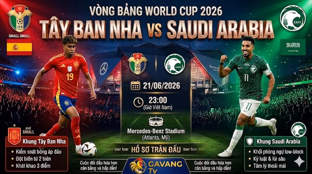 Nhận định bóng đá trận Tây Ban Nha vs Saudi Arabia tại bảng H World Cup 2026 - Gavang TV.