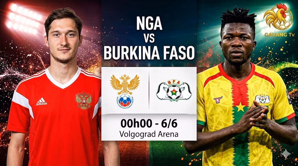 Thumbnail banner nhận định trận giao hữu quốc tế Nga vs Burkina Faso tại Gavang TV, hiển thị Miranchuk và Tapsoba.