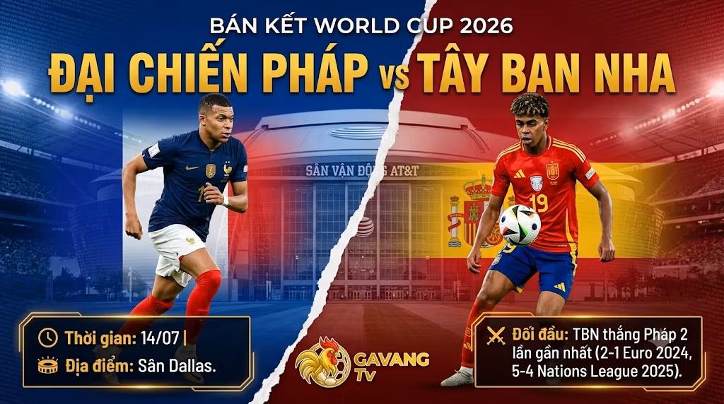 Ảnh thumbnail trận Bán kết World Cup 2026 giữa Pháp và Tây Ban Nha tại Dallas, chia đôi khung hình với Kylian Mbappe và Lamine Yamal, kèm logo Gavang TV.