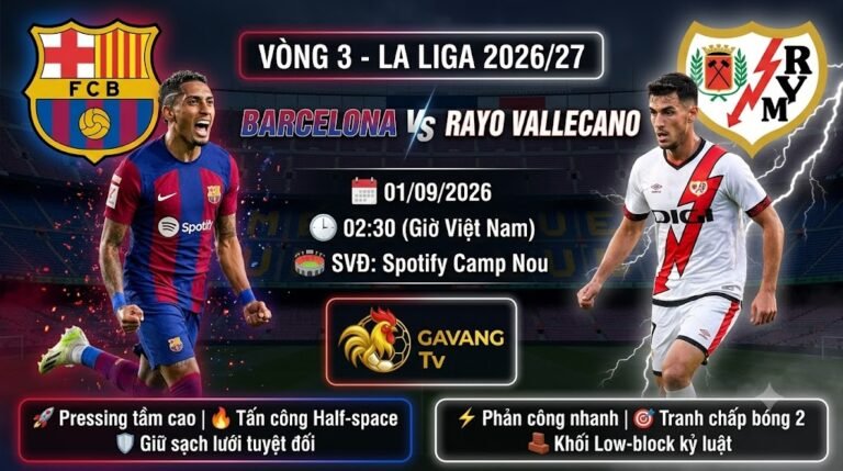 Ảnh bìa nhận định trận đấu Barcelona vs Rayo Vallecano vòng 3 La Liga 2026/27, cập nhật thông tin chiến thuật và link xem trực tiếp Gavang TV.