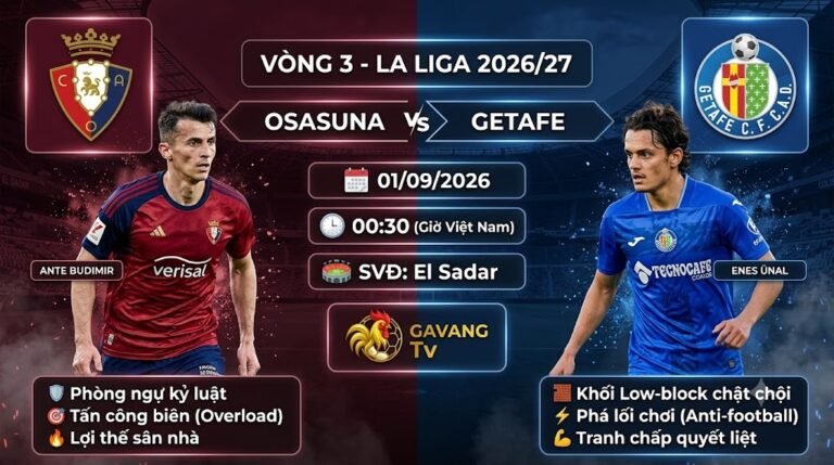 Ảnh bìa nhận định trận đấu Osasuna vs Getafe vòng 3 La Liga 2026/27, thông tin thời gian, sân thi đấu và phân tích chiến thuật hai đội.